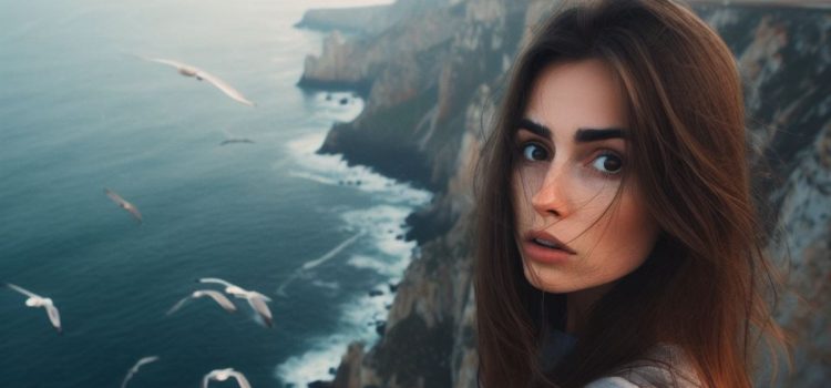 A young woman experiencing the frequency of fear as she stands scared on a cliff above the ocean.