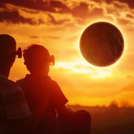 A family of three watching the upcoming solar eclipse on April 8, 2024.
