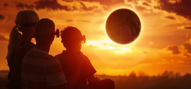 A family of three watching the upcoming solar eclipse on April 8, 2024.