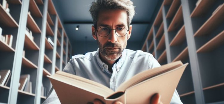 A bearded man wearing glasses and reading a book with bookshelves in the background.