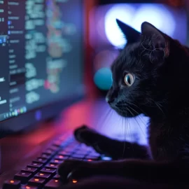 A black cat hacking computer code in a dimly lit room.