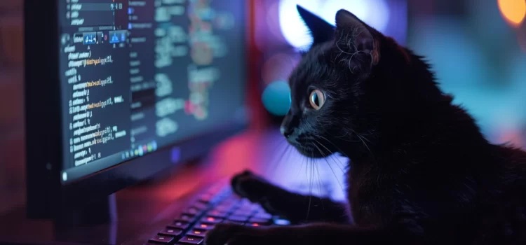 A black cat hacking computer code in a dimly lit room.