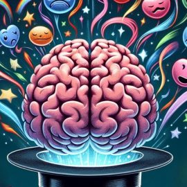 A brain emerging from a top hat with emotions coming out of it, representing how to release negative emotions from the body.