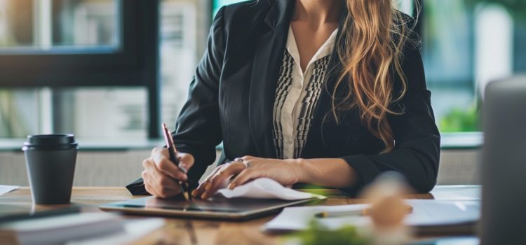 A business woman writing on a desk, representing platform management.