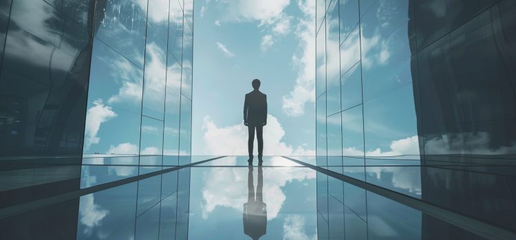 A businessman standing on a tall building, wondering how to build a platform business.