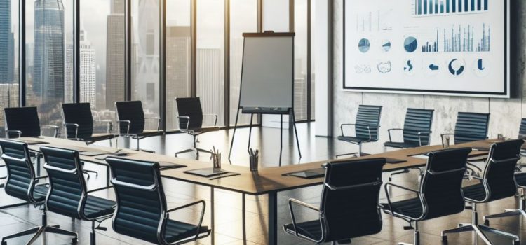 A conference meeting of empty chairs with a chart, showing the importance of business administration.