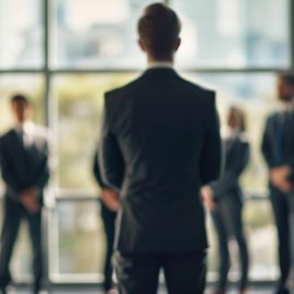 A functional manager standing in front of a team of employees near a glass window.