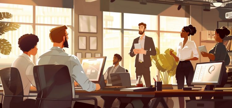 The Top 3 Platform Competition Strategies for Businesses A manager leading an employee in a meeting talking about platform competition.
