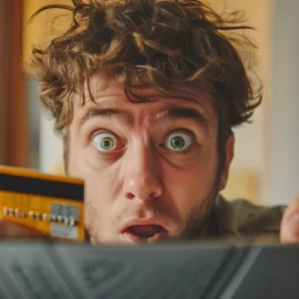 A man holding a credit card in front of a computer screen who is shocked at drip pricing
