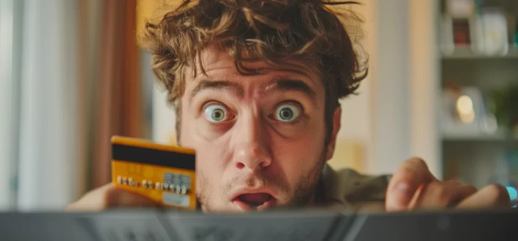 A man holding a credit card in front of a computer screen who is shocked at drip pricing