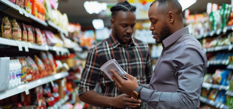 A manager helping an employee in the aisle of a grocery store, displaying how to be a good line manager.