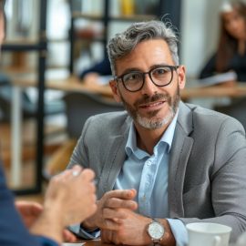 A manager in a gray suit talking to employees and showing how to be a good CEO.