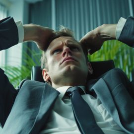 A business manager in a suit and tie stressed from organizational problems.