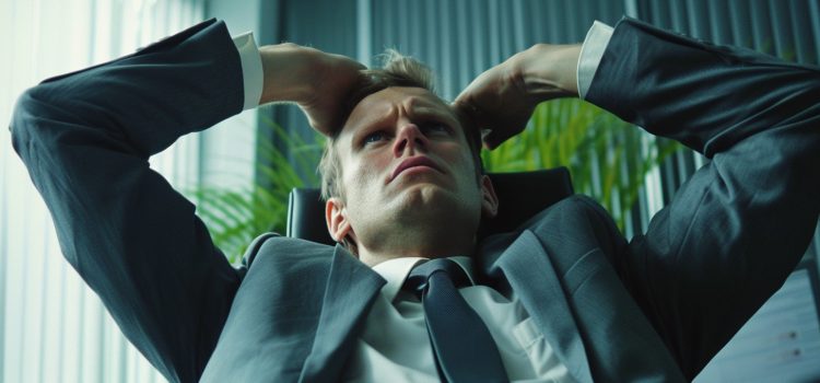 A business manager in a suit and tie stressed from organizational problems.