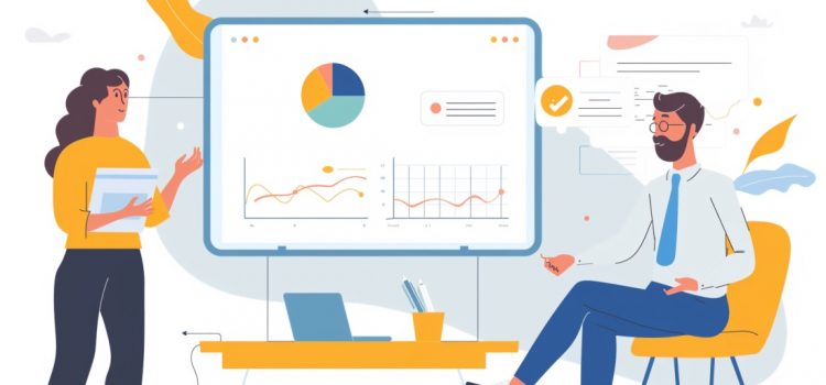 How to Be a Second-Level Manager: Training & Team-Building A second-level manager training an employee by using infographics on a whiteboard.