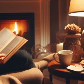A person reading a book by a fireplace.