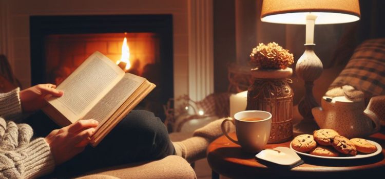 A person reading a book by a fireplace.