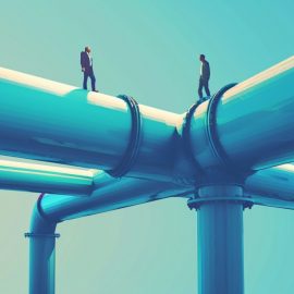 Two men standing on pipes, representing pipeline vs. platform businesses