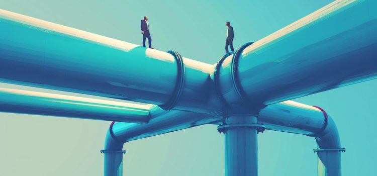 Two men standing on pipes, representing pipeline vs. platform businesses