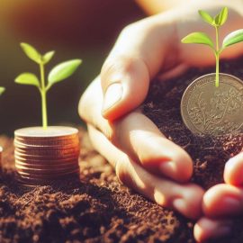 Coins being planted in soil with plants growing from them, visual for ways to invest tax refund money