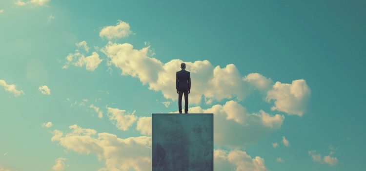 A businessman standing on a platform in the sky, representing the benefits of platforms.