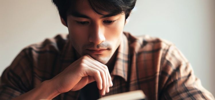 A thoughtful man reading a book.