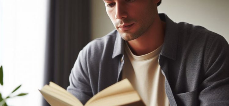 A young man reading a book inside.