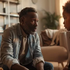 A father and mother teaching values to their child, in a living room