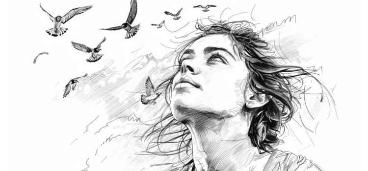 Edith Eger: Auschwitz on the Outside—Freedom on the Inside a sketch of a young woman looking up with birds flying overhead illustrates psychological freedom in Auschwitz