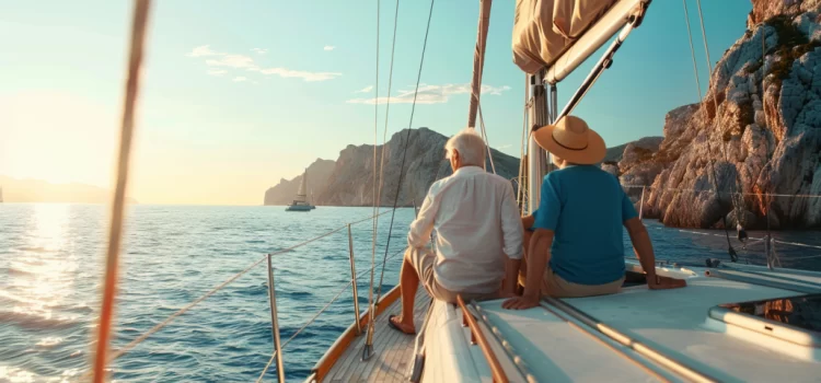 Why You Should Travel After Retirement (+Tips) An older couple on a sailboat on the ocean traveling after retirement.