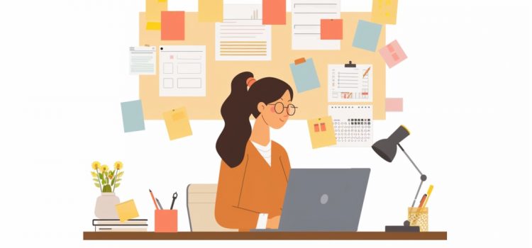 The Top 3 Business Task Management Strategies to Utilize A woman practicing business task management by working on a computer with sticky notes behind her.