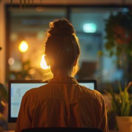 A woman working on a computer at night, showing continuous improvement in the workplace.