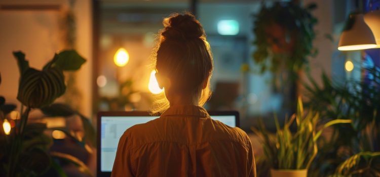 How to Achieve Continuous Improvement in the Workplace: 2 Ways A woman working on a computer at night, showing continuous improvement in the workplace.