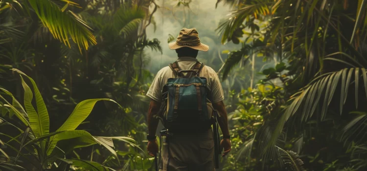 The Lost City of Z by David Grann—Book Overview A man alone in the Amazon rainforest wearing explorer clothes.