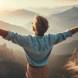a man standing on top of a mountain with his arms open wide illustrates the theme of forgiveness in The Shack