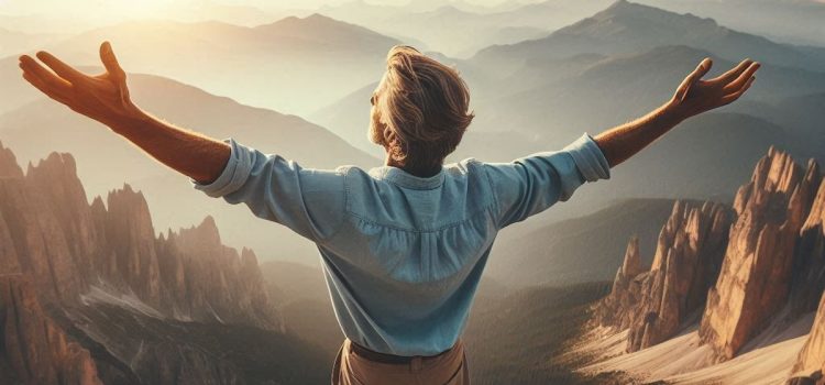 The Shack: Forgiveness Propels Mack Toward Healing a man standing on top of a mountain with his arms open wide illustrates the theme of forgiveness in The Shack