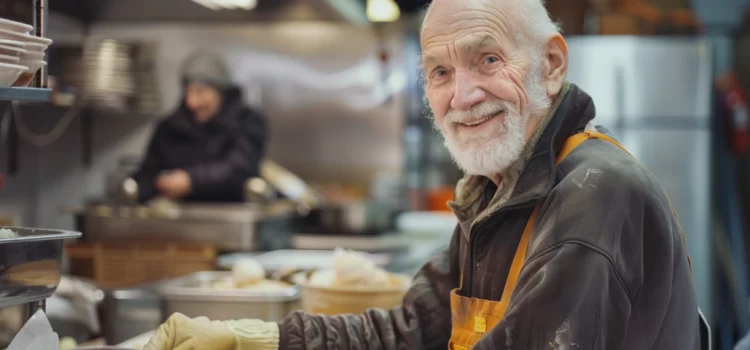 4 Ways to Find a Purpose After Retirement (Ernie Zelinski) An older man finding purpose in retirement by volunteering in a kitchen