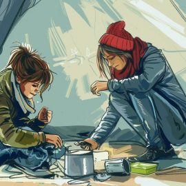 A young woman helping another woman who is without a home.