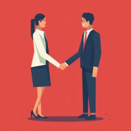 A manager treating an employee like a customer by shaking his hand.