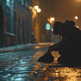 A person sitting on the sidewalk, demonstrating what it is like to be homeless.
