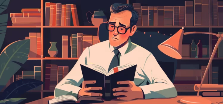 The Psychopath Test: Book Overview (Jon Ronson) A man in a tie with glasses reading a book at a desk, a bookshelf is behind him