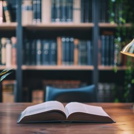 An open book on an office desk in front of a bookshelf.