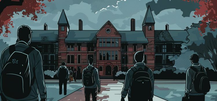 The Crisis in Higher Education: Costs Go Up as Funding Goes Down dark clouds over a university campus illustrate the crisis in higher education in the United States