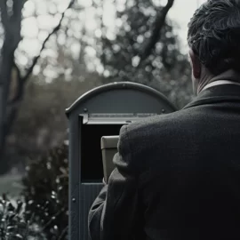 A man in a suite taking a small package from his mailbox
