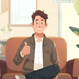 A man in a suit sits on a couch in an office, he is giving a thumbs up and smiling