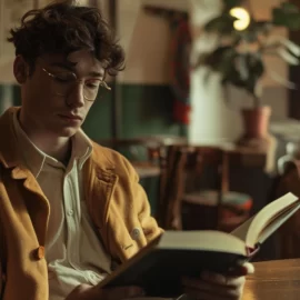 A man reading a book in a dim cafe with a woman sitting at a table in the background
