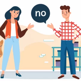A man saying no to a saleswoman, displlaying why rejection is a good thing