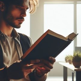 a bearded man reading a book in a workspace with computer monitors and a window in the background