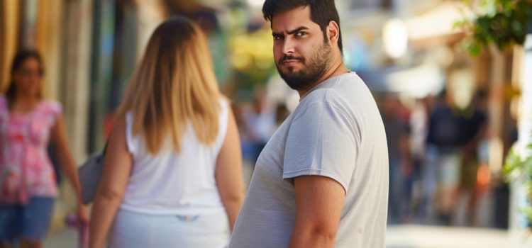 Why Do People Body Shame? Sonya Renee Taylor Explains A man with a disapproving look directed at an overweight woman raises the question, Why do people body shame?