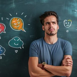 A stoic man standing in front of a chalkboard with thought bubbles of different emotions, showing emotional repression in men.
